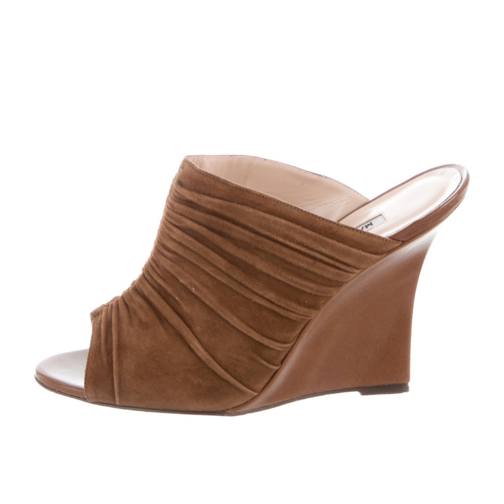 Manolo Blahnik Peep Toe Suede Wedge Slides